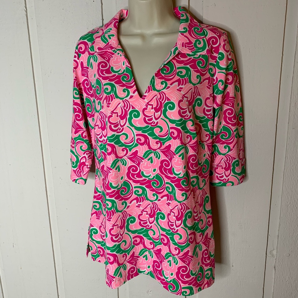 Katherine Way Pink & Green Swirl-Print V-Neck Tunic